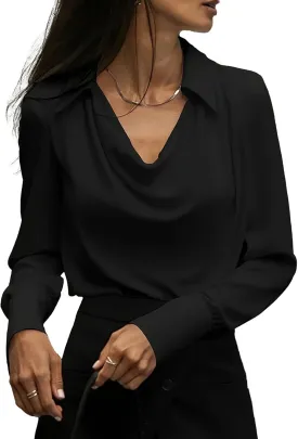 SOMTHRON Women's Elegant Satin Silk Blouse Cowl Neck Ruched Front Draped Long Sleeve Work Office Shirt Top