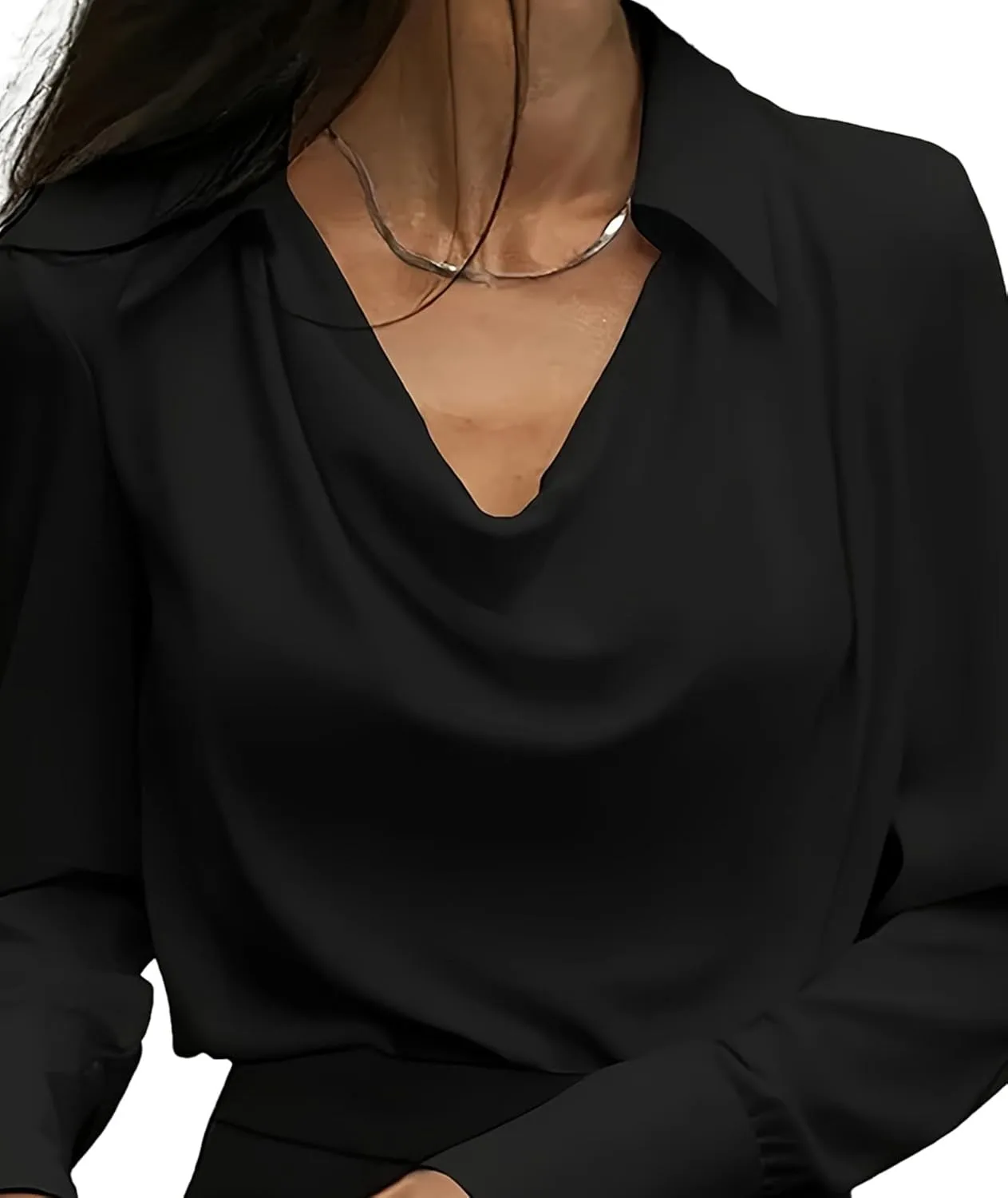 SOMTHRON Women's Elegant Satin Silk Blouse Cowl Neck Ruched Front Draped Long Sleeve Work Office Shirt Top