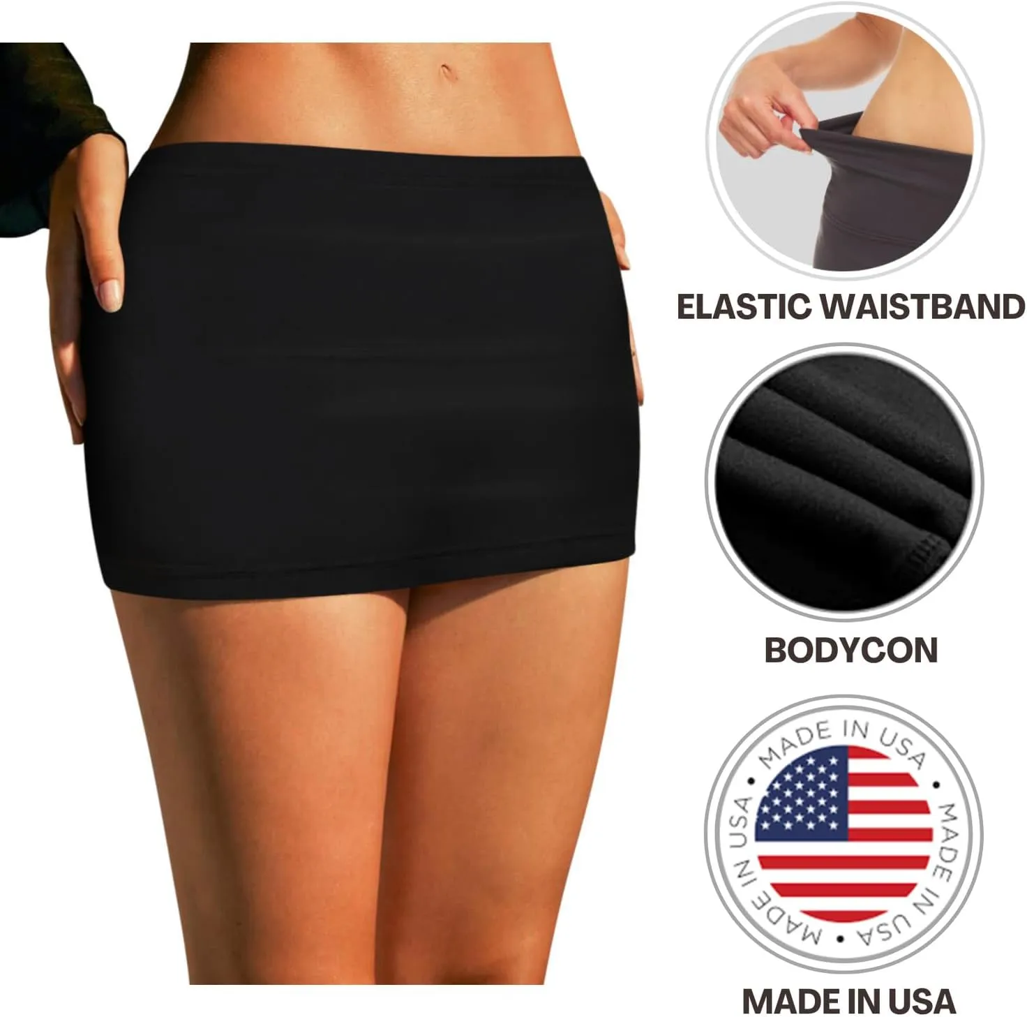 Sweet Hearts Black Mini Skirt for Women- Above Knee Elastic Waist Basic Mini Pencil Womens Skirts Bodycon Made in USA