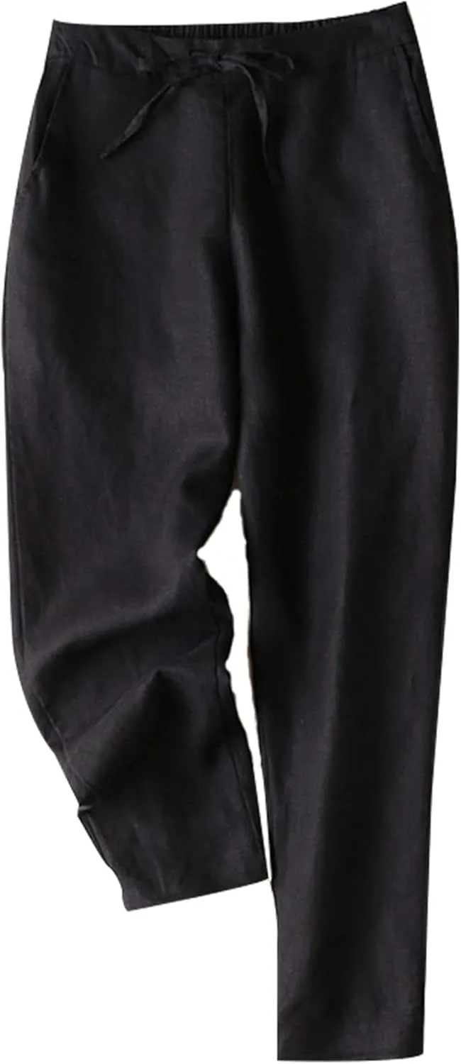 Tanming Linen Pants for Women Summer Casual High Waisted Drawstring White Beach Pant