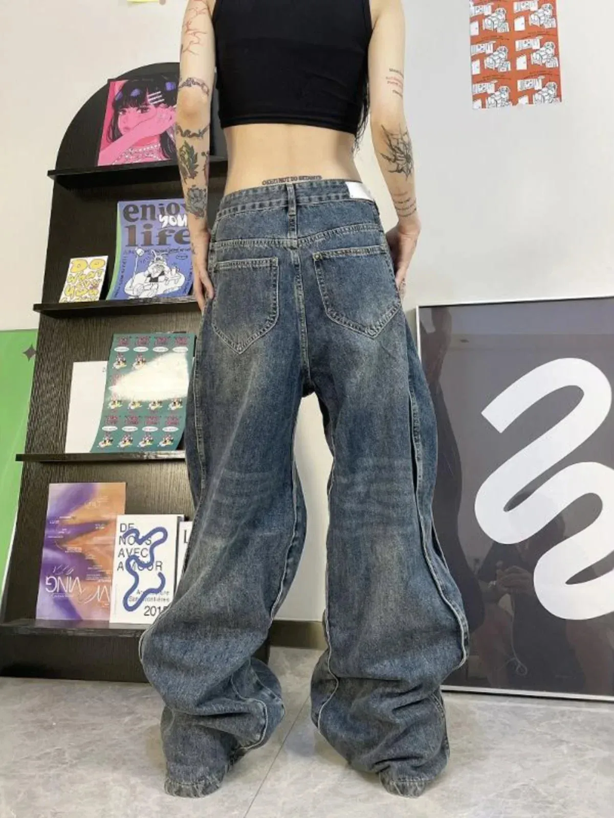 TAVIMART  -  Blue Women's Jeans Hip-hop Fashion Vintage Streetwear Y2K Wide Leg Straight Jean High Waist Trouser Classic Baggy Denim Pants