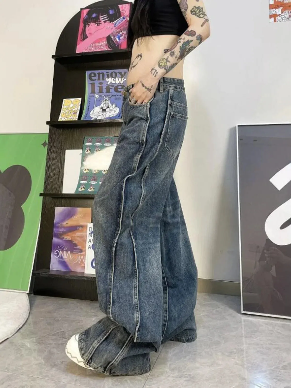 TAVIMART  -  Blue Women's Jeans Hip-hop Fashion Vintage Streetwear Y2K Wide Leg Straight Jean High Waist Trouser Classic Baggy Denim Pants