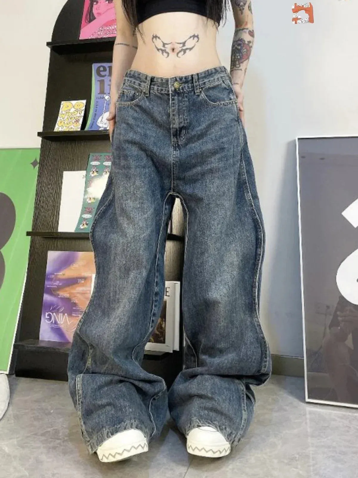 TAVIMART  -  Blue Women's Jeans Hip-hop Fashion Vintage Streetwear Y2K Wide Leg Straight Jean High Waist Trouser Classic Baggy Denim Pants