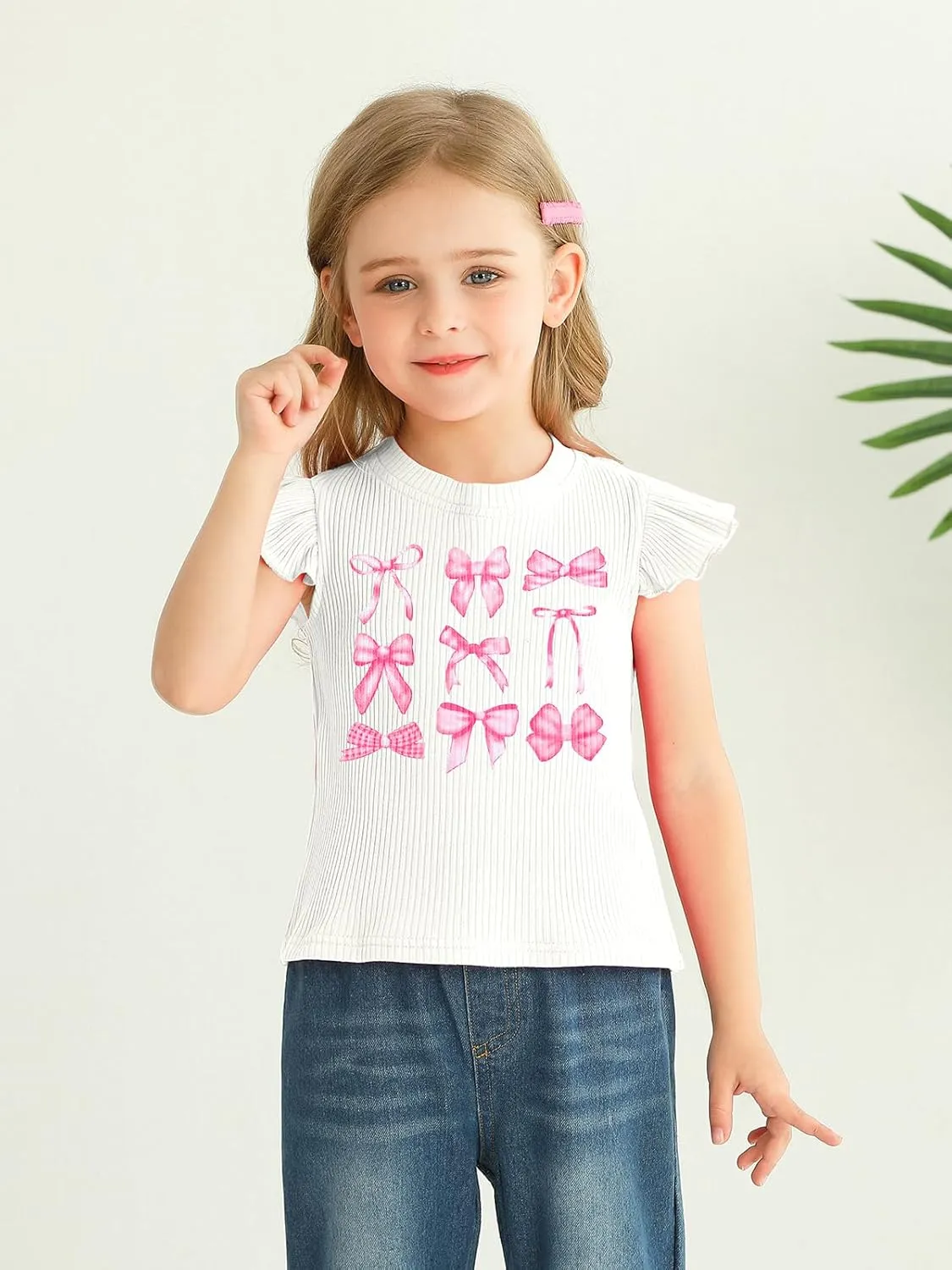 Toddler Girls Ruffle Sleeve T Shirt Knit Ribbed Blouse Cotton Top Plain Solid Kids Casual Clothes 1-6 Years