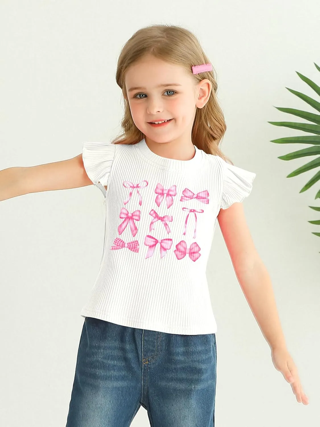 Toddler Girls Ruffle Sleeve T Shirt Knit Ribbed Blouse Cotton Top Plain Solid Kids Casual Clothes 1-6 Years