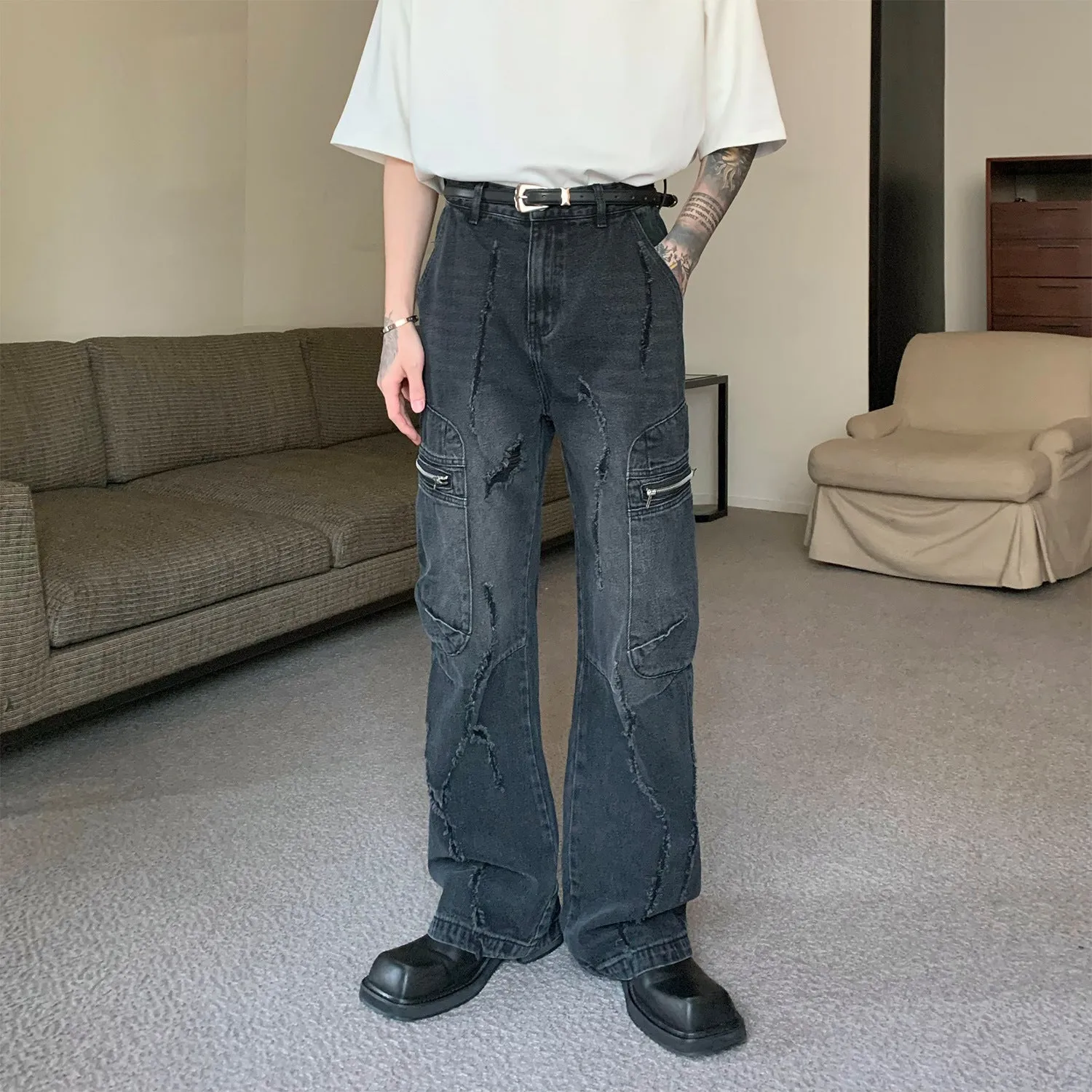 Toleet 2000s fashion Niche Worn Straight Jeans Men's Loose Wide-Leg Casual Trousers High Street Versatile Pants