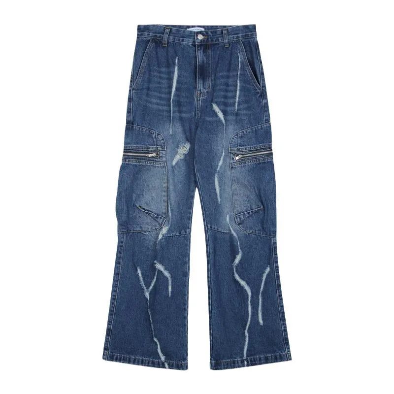 Toleet 2000s fashion Niche Worn Straight Jeans Men's Loose Wide-Leg Casual Trousers High Street Versatile Pants