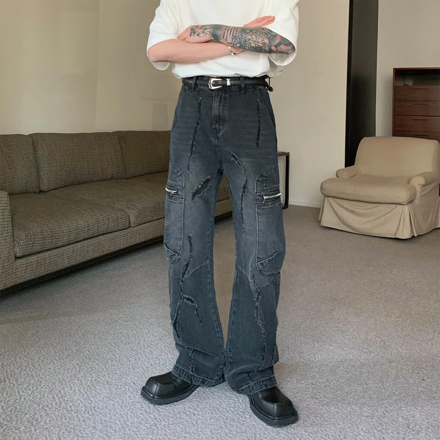 Toleet 2000s fashion Niche Worn Straight Jeans Men's Loose Wide-Leg Casual Trousers High Street Versatile Pants