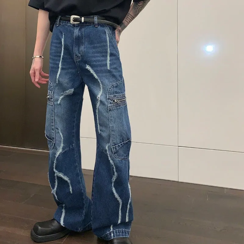 Toleet 2000s fashion Niche Worn Straight Jeans Men's Loose Wide-Leg Casual Trousers High Street Versatile Pants