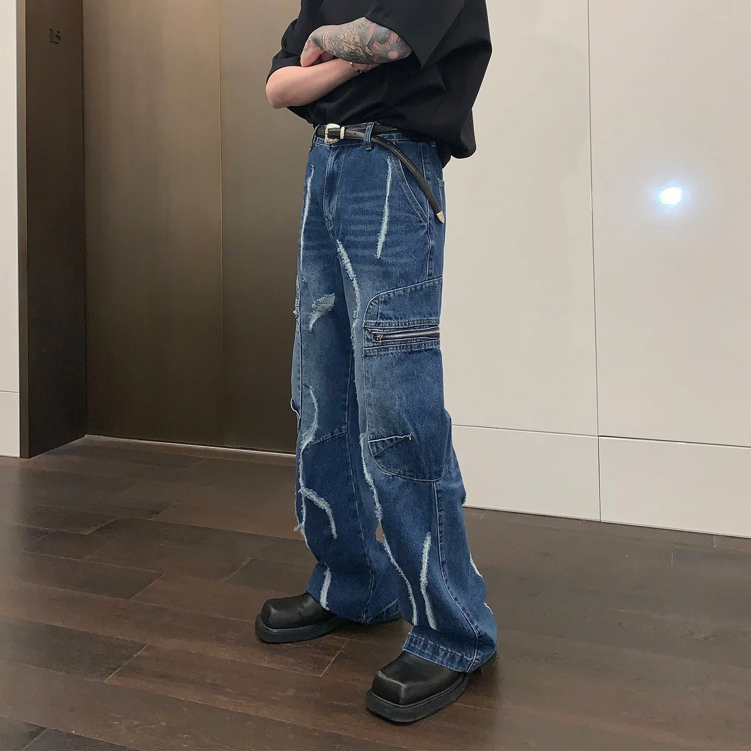 Toleet 2000s fashion Niche Worn Straight Jeans Men's Loose Wide-Leg Casual Trousers High Street Versatile Pants
