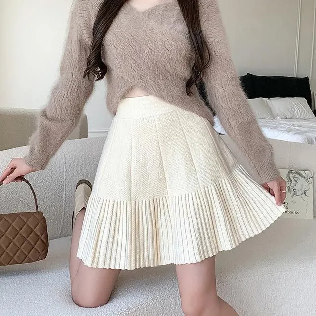 Wenkouban frat boy outfits 2024 Autumn and Winter New Knitted Skirt Women's Pleated Wool Skirt Waist Slimming Small Fashion Skirt