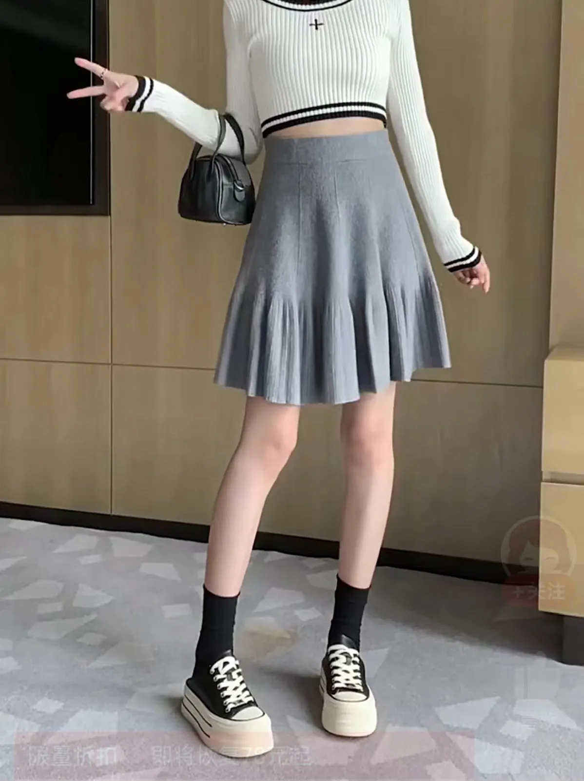 Wenkouban frat boy outfits 2024 Autumn and Winter New Knitted Skirt Women's Pleated Wool Skirt Waist Slimming Small Fashion Skirt