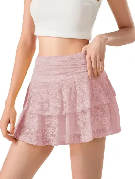 Women Lace Mini Skirt Retro Western Half Slip Skirt Pleated Ruffle a Line Flowy Short Skirt for Concert