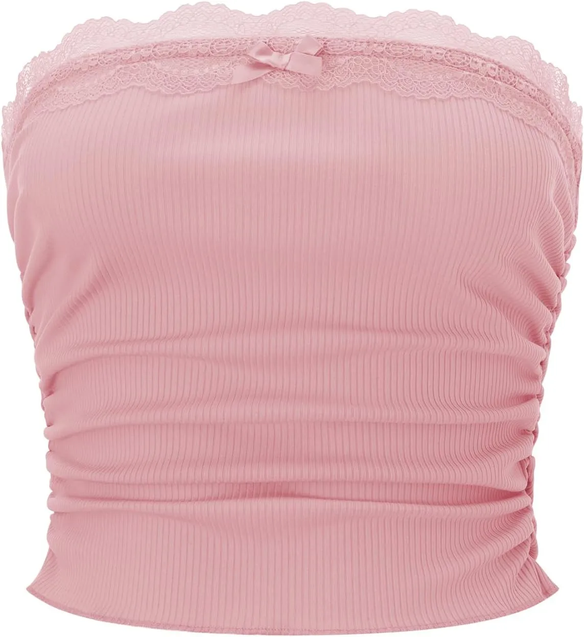 Women Lace Trim Tube Top Strapless Ribbed Ruched Bandeau Y2k Summer Going Out Crop Tops