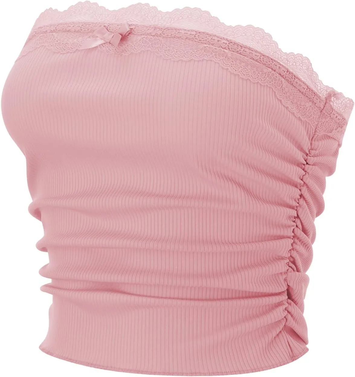 Women Lace Trim Tube Top Strapless Ribbed Ruched Bandeau Y2k Summer Going Out Crop Tops