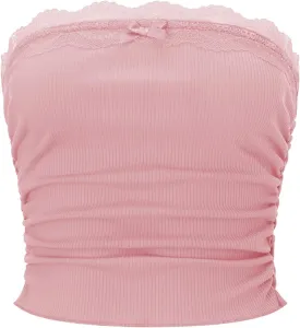 Women Lace Trim Tube Top Strapless Ribbed Ruched Bandeau Y2k Summer Going Out Crop Tops