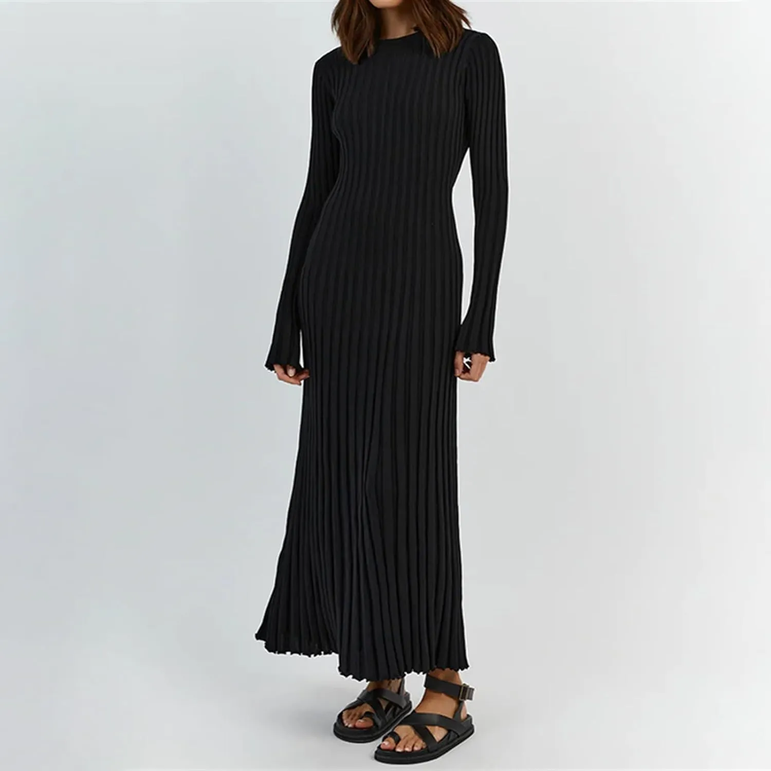 Women Sweater Maxi Dress Long Sleeve Crewneck Knit Ribbed Bodycon Long Dress Streetwear