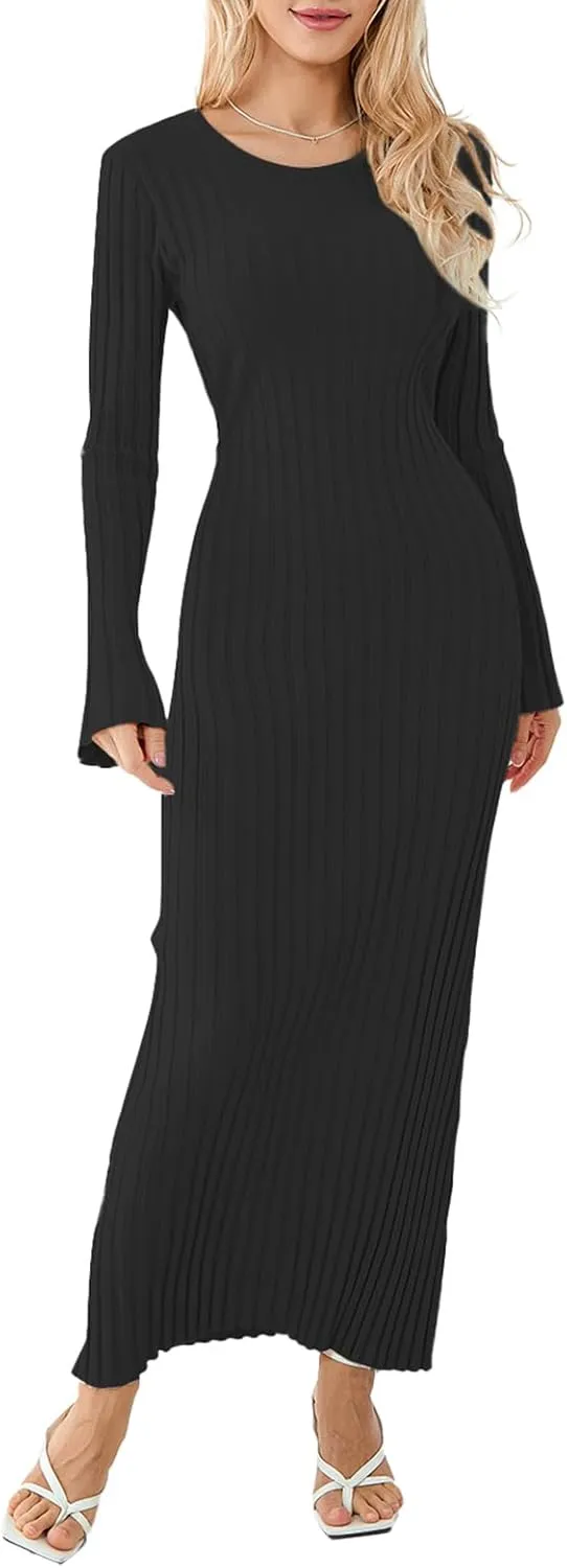 Women Sweater Maxi Dress Long Sleeve Crewneck Knit Ribbed Bodycon Long Dress Streetwear