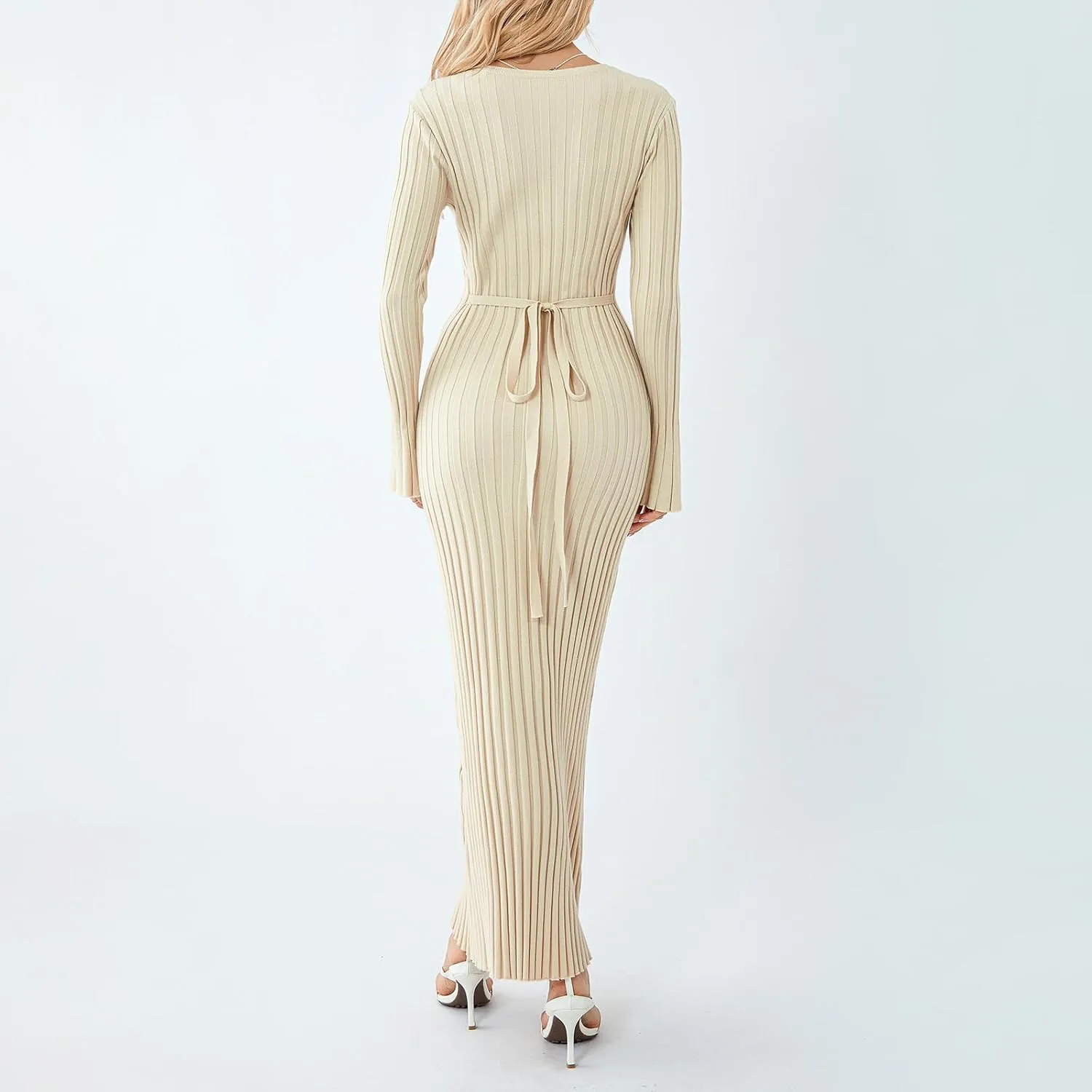 Women Sweater Maxi Dress Long Sleeve Crewneck Knit Ribbed Bodycon Long Dress Streetwear
