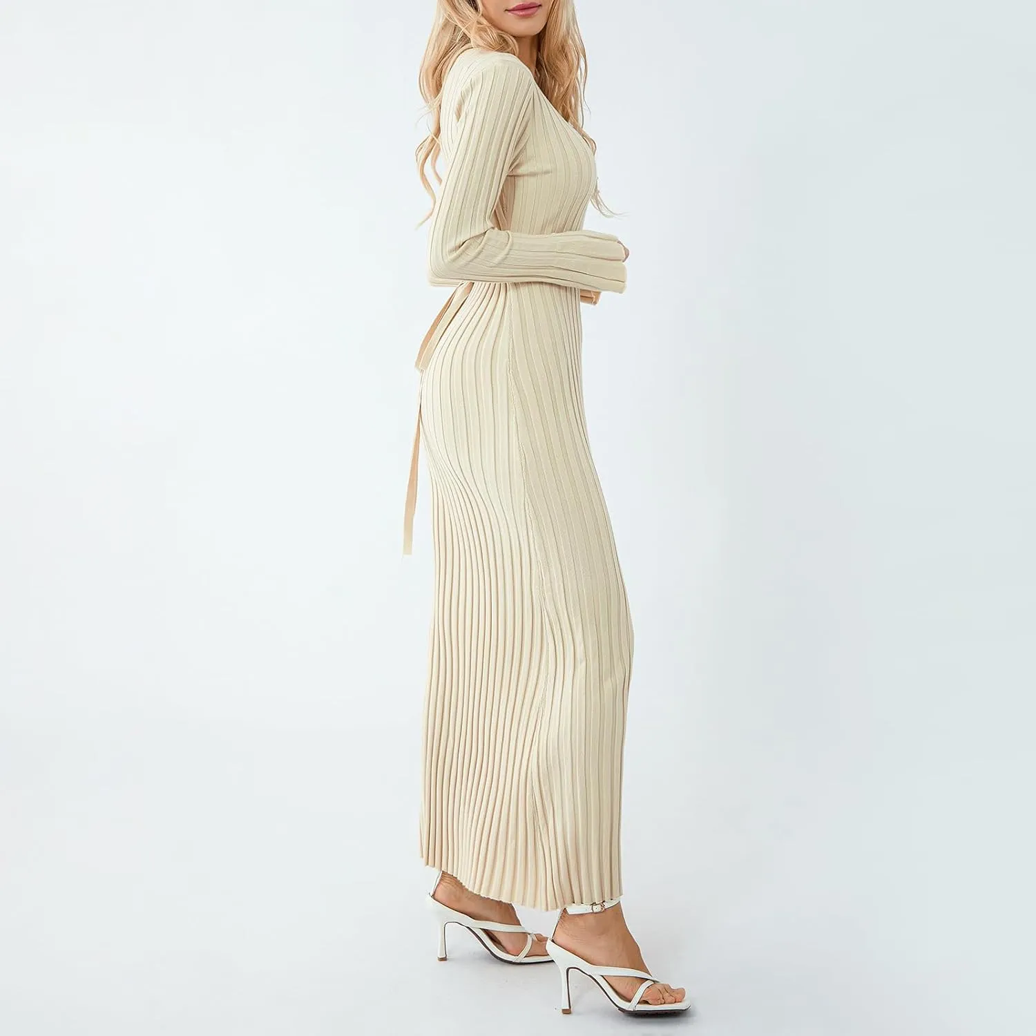 Women Sweater Maxi Dress Long Sleeve Crewneck Knit Ribbed Bodycon Long Dress Streetwear