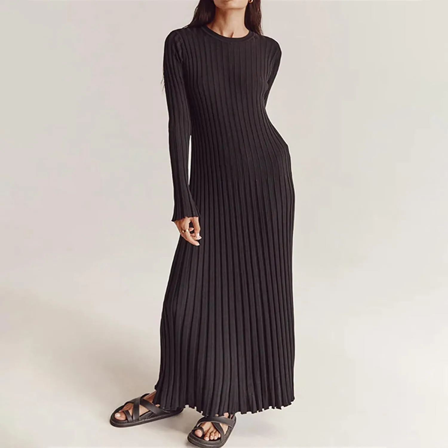 Women Sweater Maxi Dress Long Sleeve Crewneck Knit Ribbed Bodycon Long Dress Streetwear