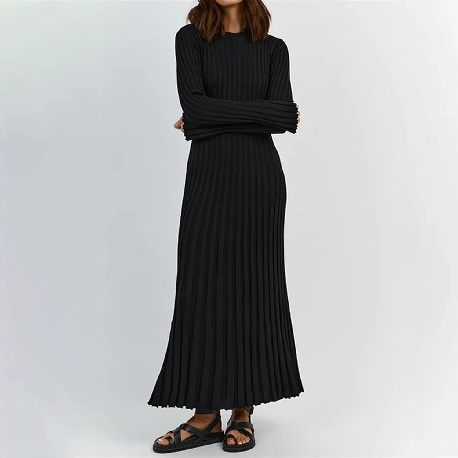 Women Sweater Maxi Dress Long Sleeve Crewneck Knit Ribbed Bodycon Long Dress Streetwear