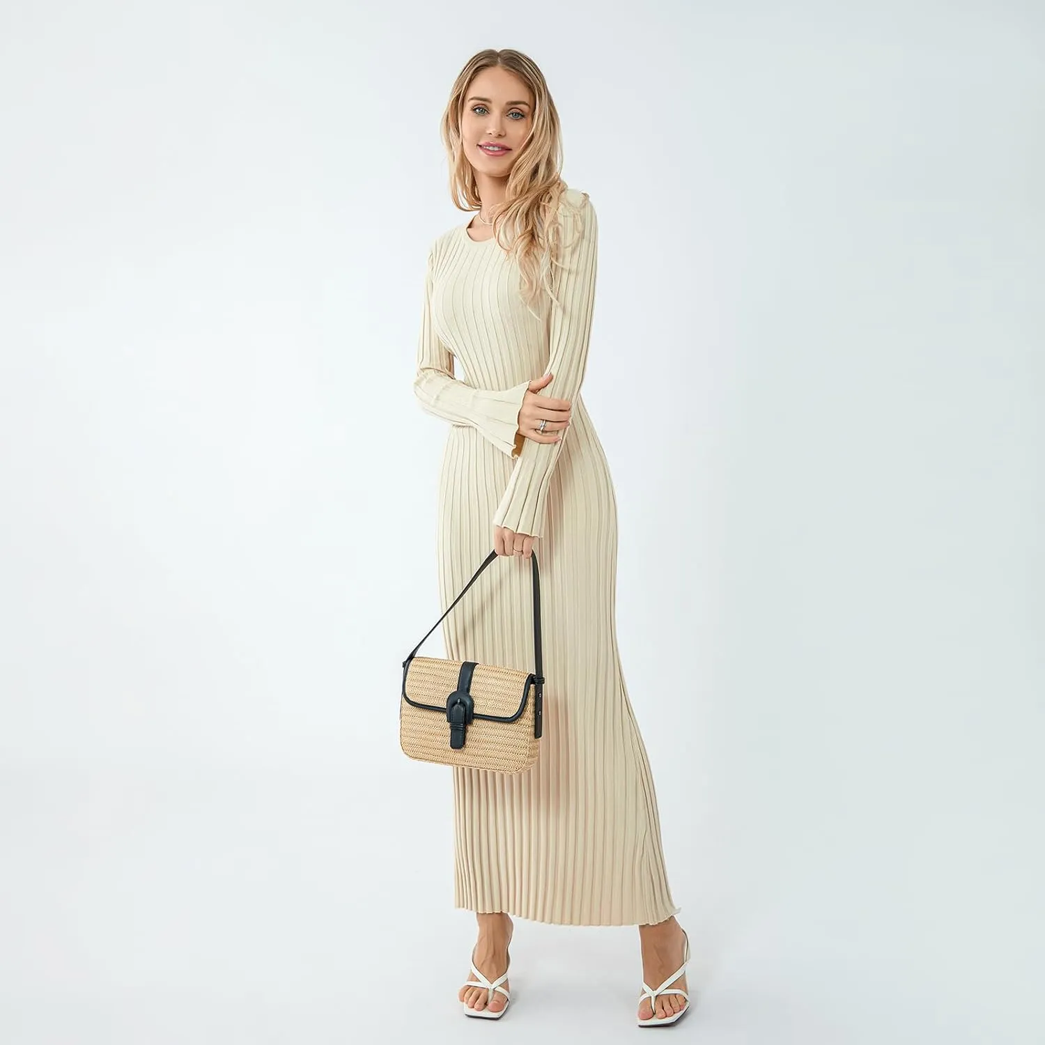 Women Sweater Maxi Dress Long Sleeve Crewneck Knit Ribbed Bodycon Long Dress Streetwear