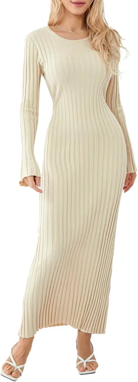 Women Sweater Maxi Dress Long Sleeve Crewneck Knit Ribbed Bodycon Long Dress Streetwear
