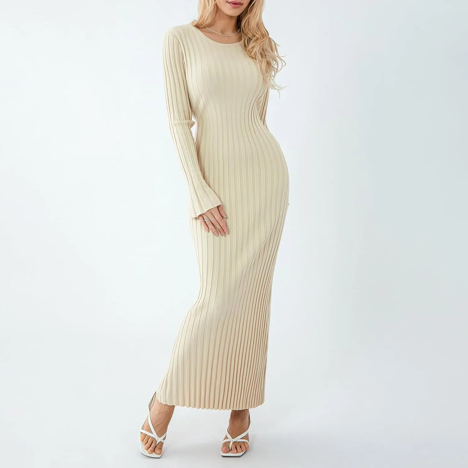 Women Sweater Maxi Dress Long Sleeve Crewneck Knit Ribbed Bodycon Long Dress Streetwear