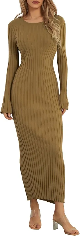 Women Sweater Maxi Dress Long Sleeve Crewneck Knit Ribbed Bodycon Long Dress Streetwear