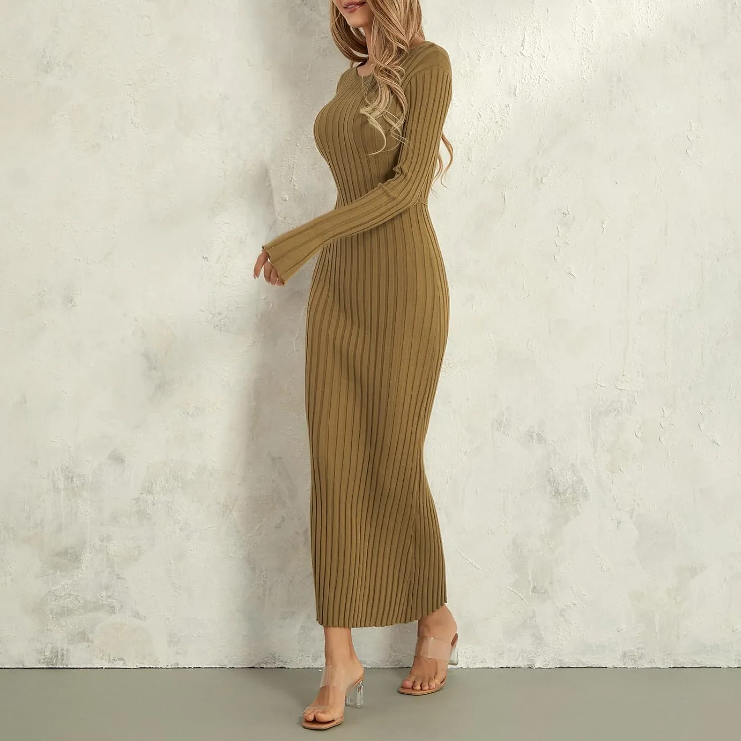 Women Sweater Maxi Dress Long Sleeve Crewneck Knit Ribbed Bodycon Long Dress Streetwear