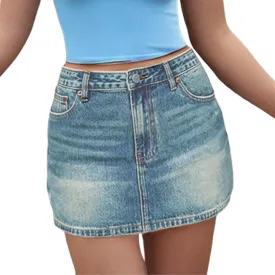 Women Y2K Denim Skirt High Waist Bow Print Bodycon A Line Mini Pencil Skirt Button Zipper Fly Jean Hip Skirt