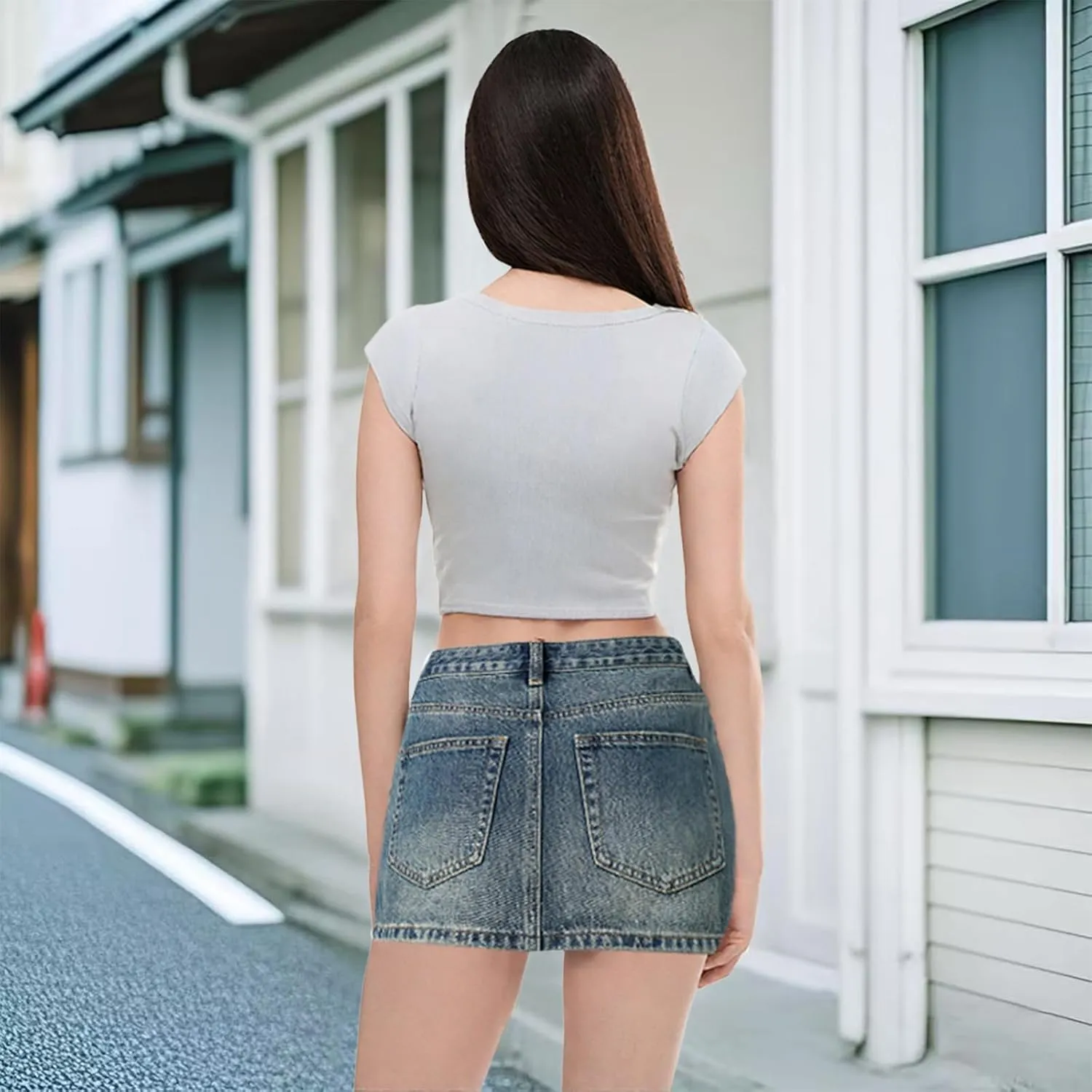 Women Y2K Denim Skirt High Waist Bow Print Bodycon A Line Mini Pencil Skirt Button Zipper Fly Jean Hip Skirt