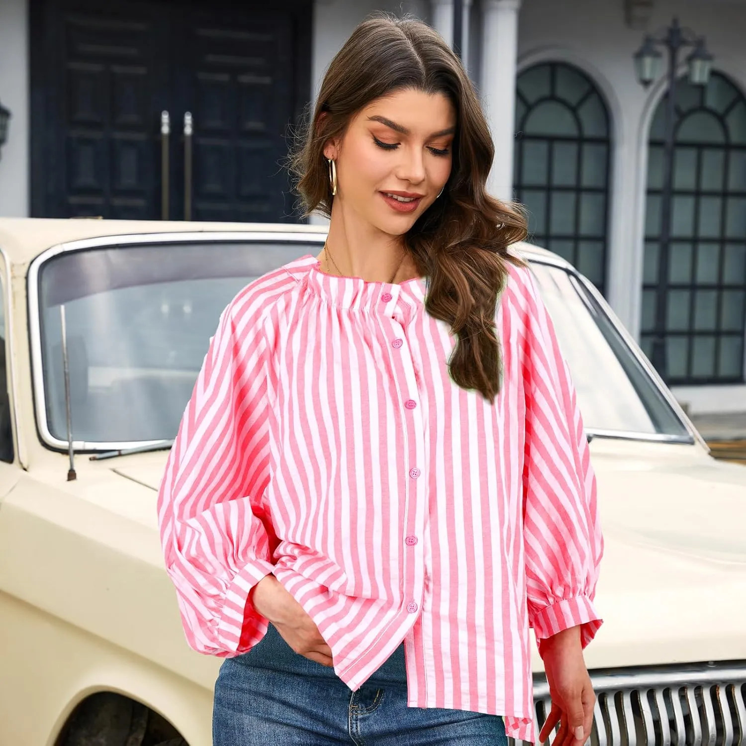 Women's 3/4 Length Sleeve Button Down Blouse, One Size, Plaid Design, Casual Summer Top, Relaxed fit