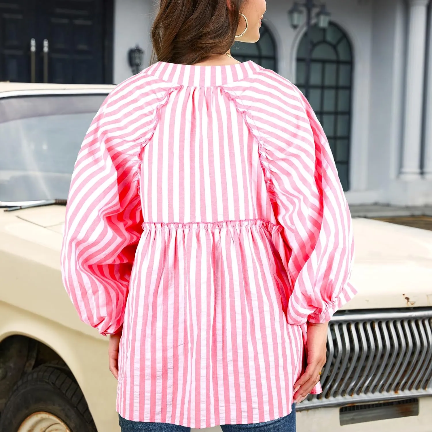 Women's 3/4 Length Sleeve Button Down Blouse, One Size, Plaid Design, Casual Summer Top, Relaxed fit