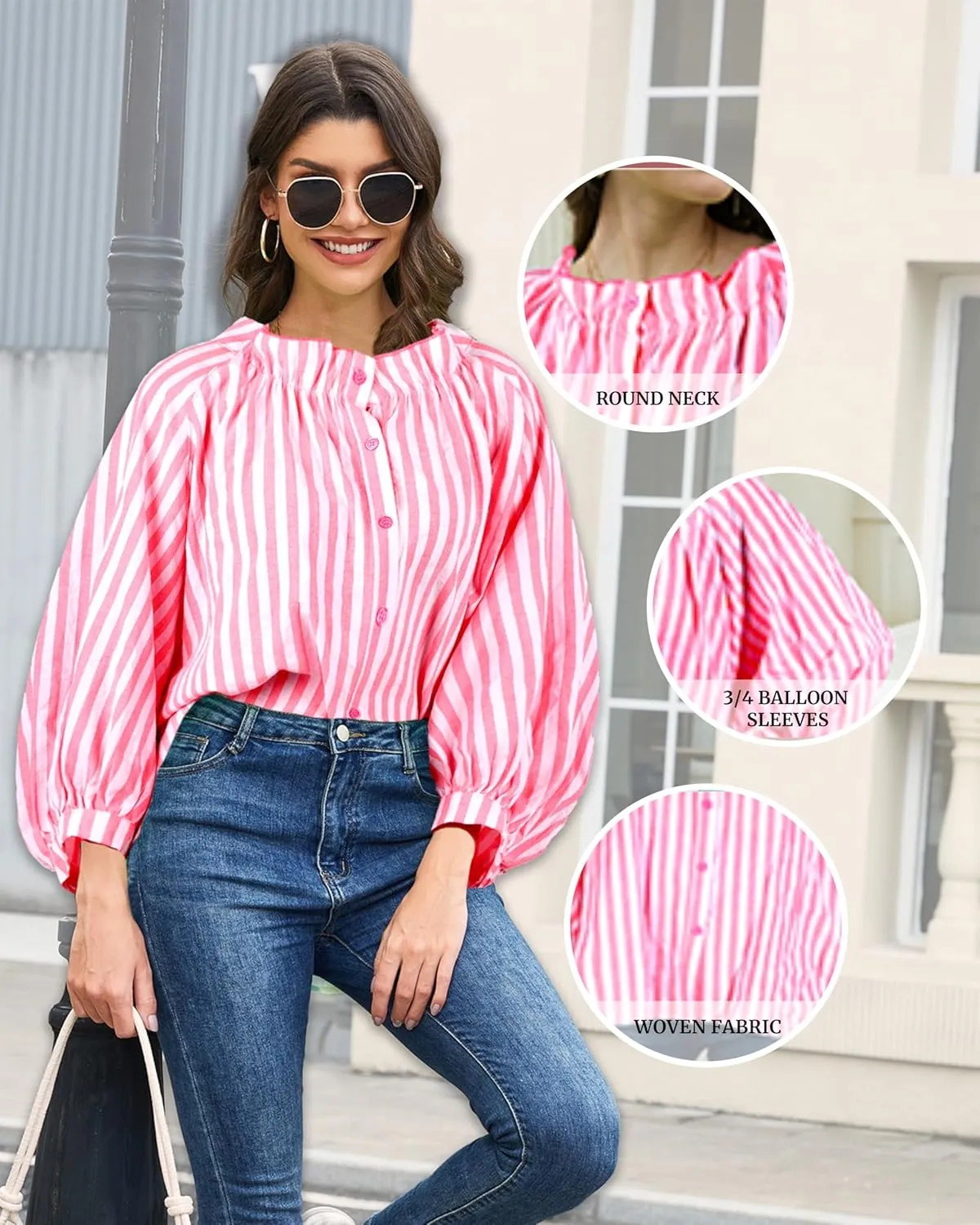 Women's 3/4 Length Sleeve Button Down Blouse, One Size, Plaid Design, Casual Summer Top, Relaxed fit