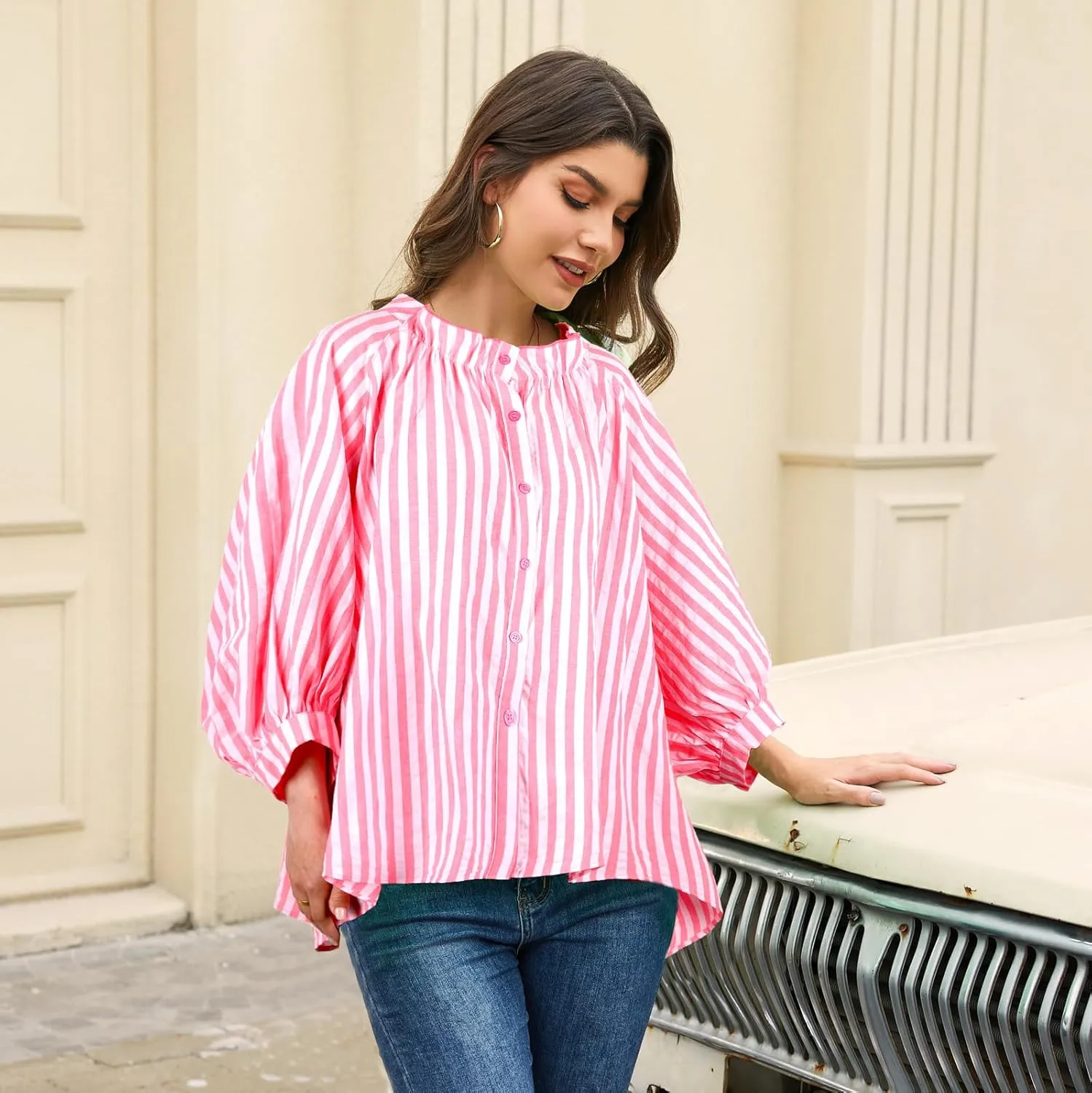Women's 3/4 Length Sleeve Button Down Blouse, One Size, Plaid Design, Casual Summer Top, Relaxed fit