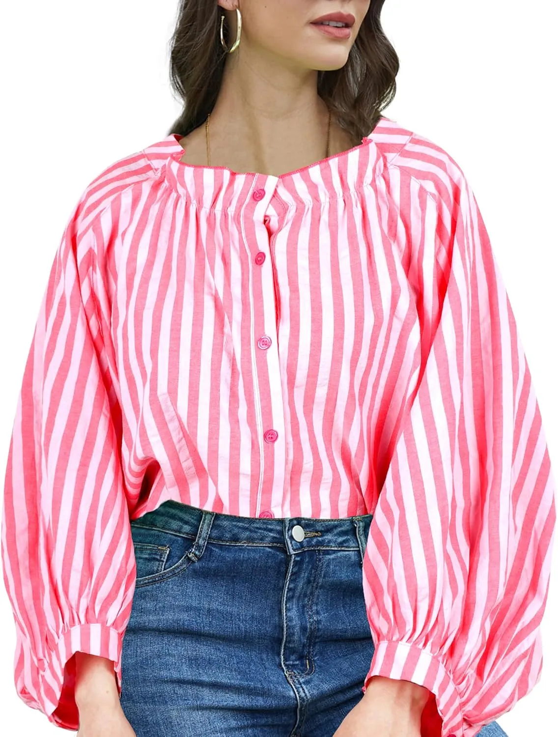 Women's 3/4 Length Sleeve Button Down Blouse, One Size, Plaid Design, Casual Summer Top, Relaxed fit