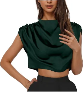 Women's Crop Top Short Sleeve Pullover Blouses Satin Silk Shirts Casual Loose Fit Elegant Business Work Tunic Tops