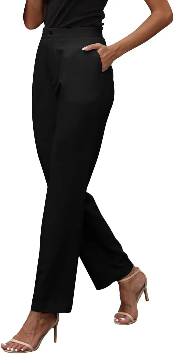 Womens Dress Pants High Stretch Straight Leg Black Pants for Work Business Casual with Pockets