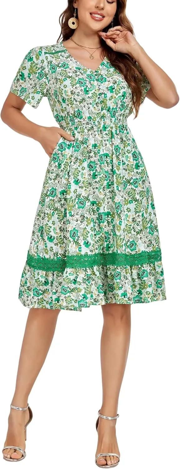 Women's Floral Dress with Ladder Lace Trim Midi Summer Casual Elegance Dress