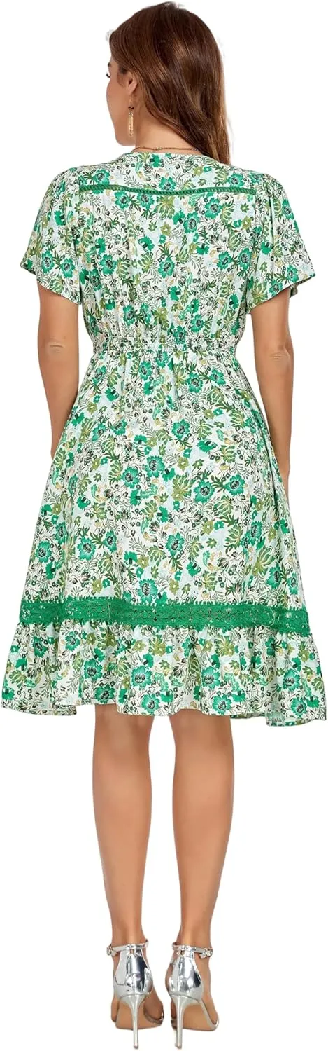 Women's Floral Dress with Ladder Lace Trim Midi Summer Casual Elegance Dress