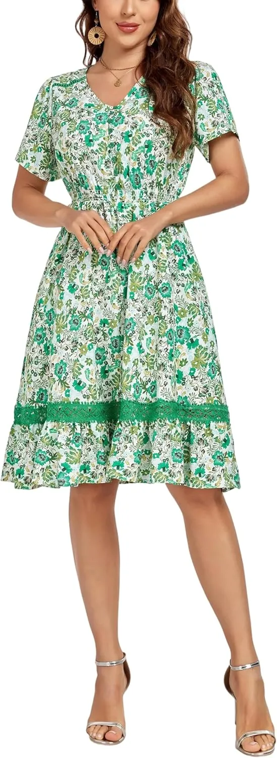 Women's Floral Dress with Ladder Lace Trim Midi Summer Casual Elegance Dress