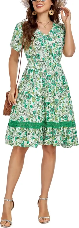 Women's Floral Dress with Ladder Lace Trim Midi Summer Casual Elegance Dress