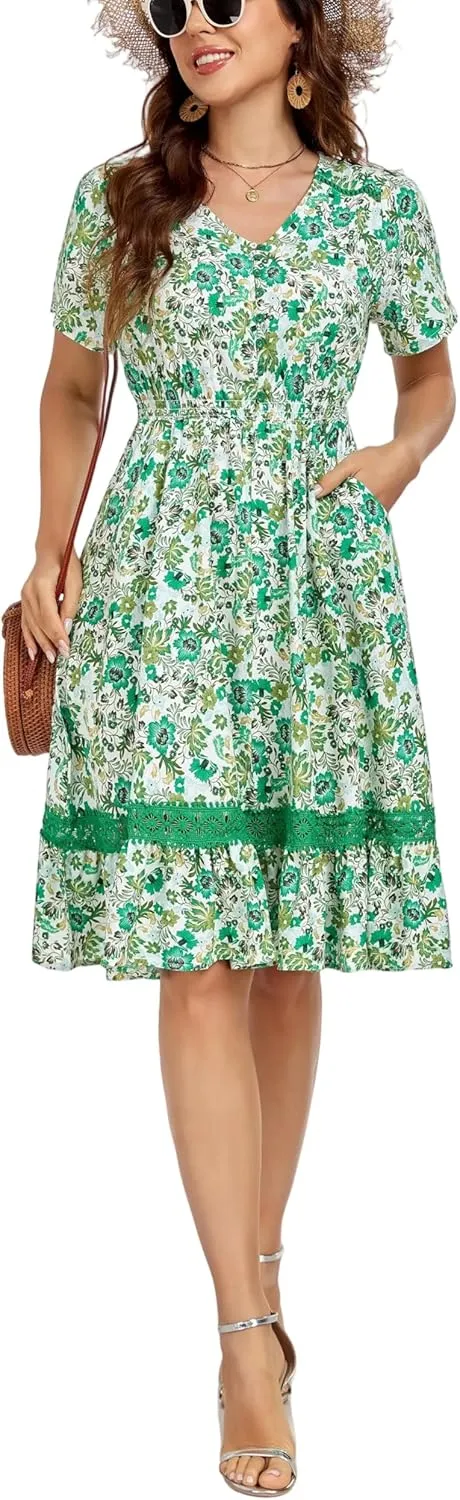 Women's Floral Dress with Ladder Lace Trim Midi Summer Casual Elegance Dress