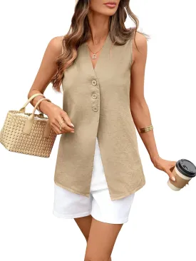 Women's Linen Cotton Vest Long V Neck Button Down Casual Suit Vest
