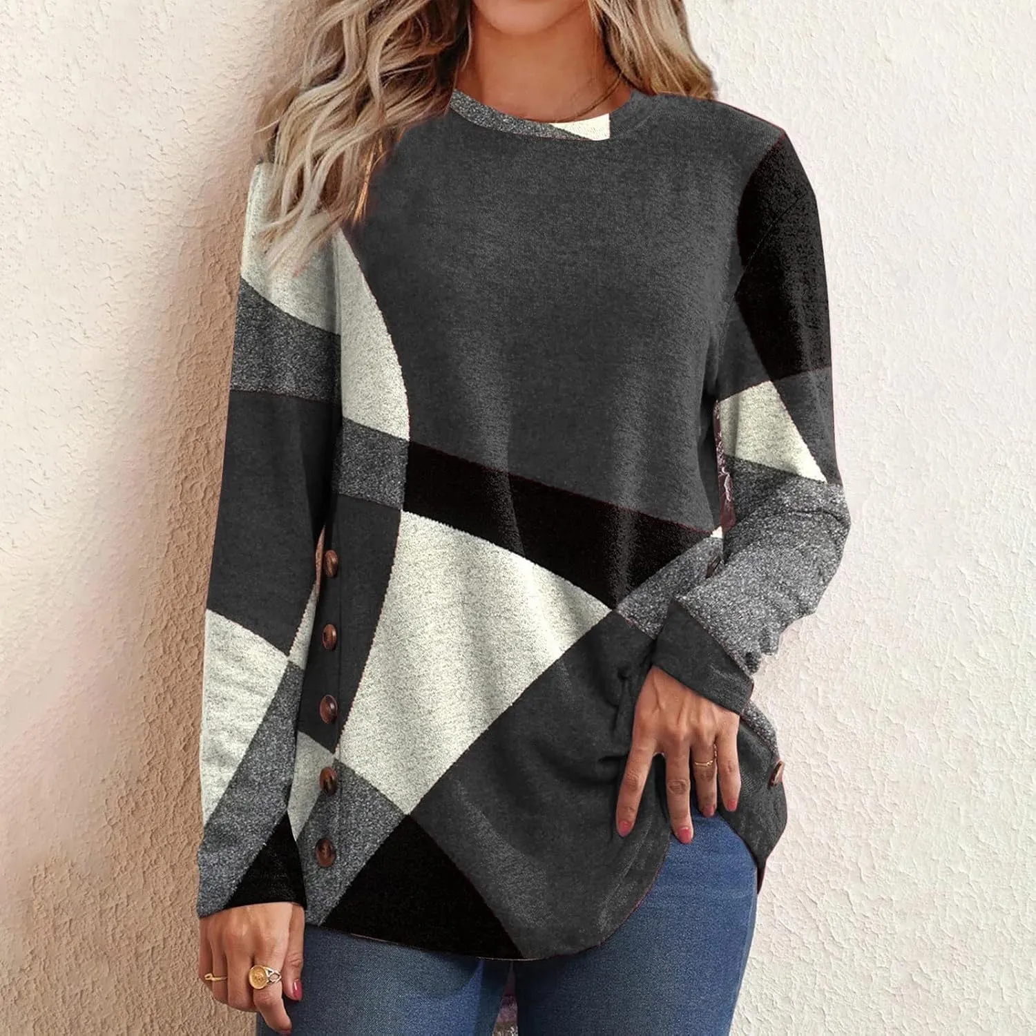Womens Long Sleeve Tops Casual Women's Long Sleeve Crewneck Trendy Fleece Contrast Loose Fitting Casual Tunic Top Blouse