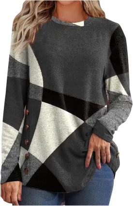 Womens Long Sleeve Tops Casual Women's Long Sleeve Crewneck Trendy Fleece Contrast Loose Fitting Casual Tunic Top Blouse