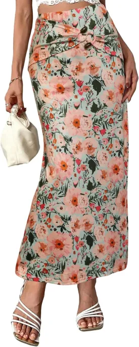 Women's Maxi Summer Skirt Elegant Trendy High Waist Ankle Length A line Printed Skirts