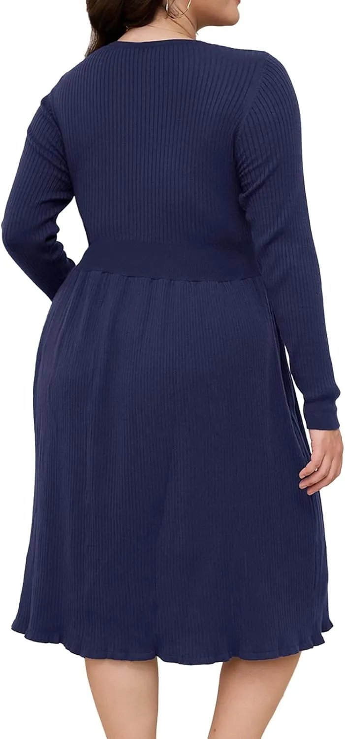 Womens Plus Size Sweater Dress Long Sleeve V Neck Wrap Tie Waist A-Line Casual Ribbed Knit Fall Winter Midi Dress
